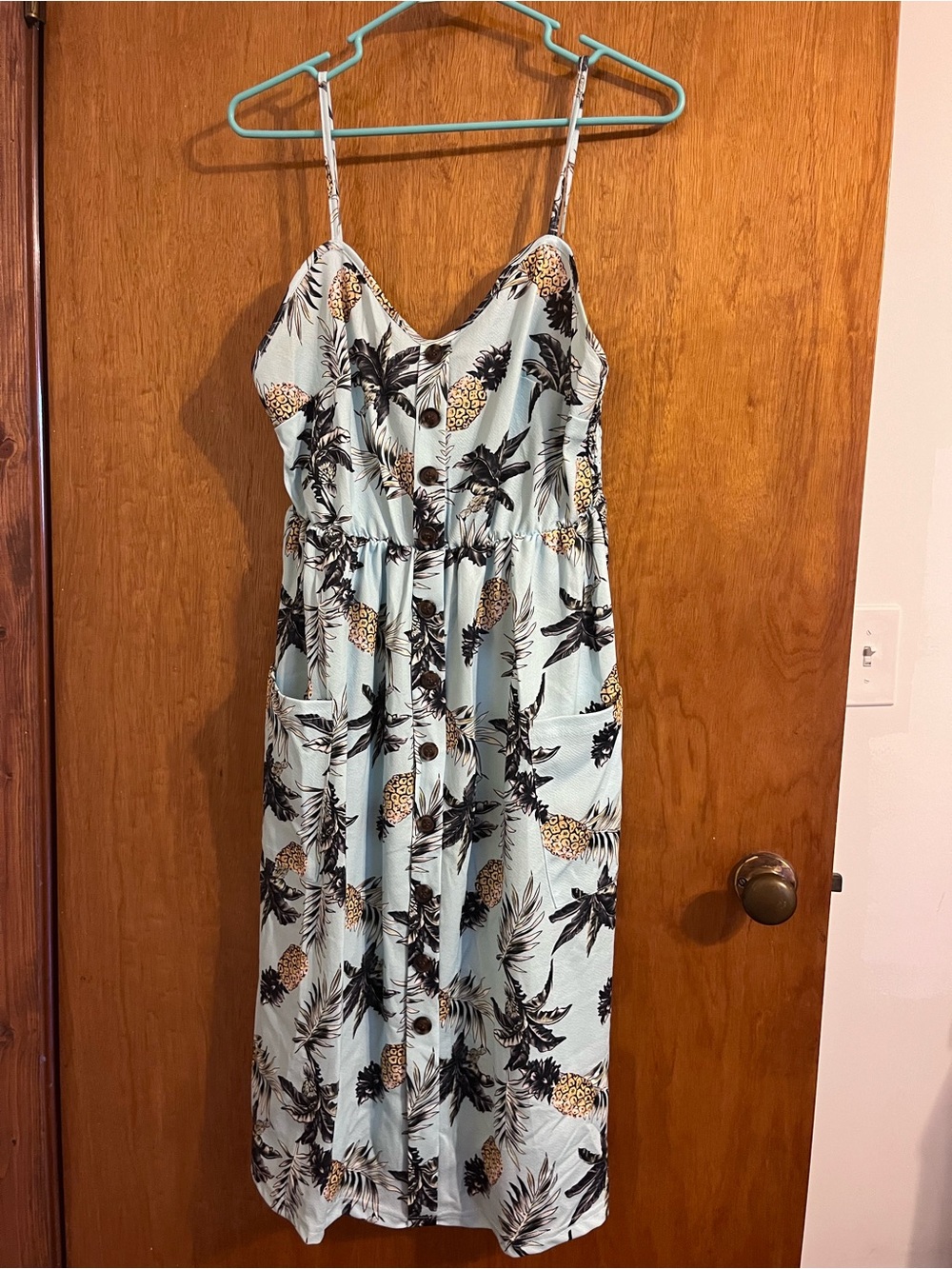 Light Blue Pineapple Print Button-Front Sundress